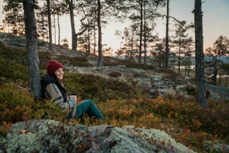 Kvinde Sidder Op Af Et Træ Med En Kop Kaffe